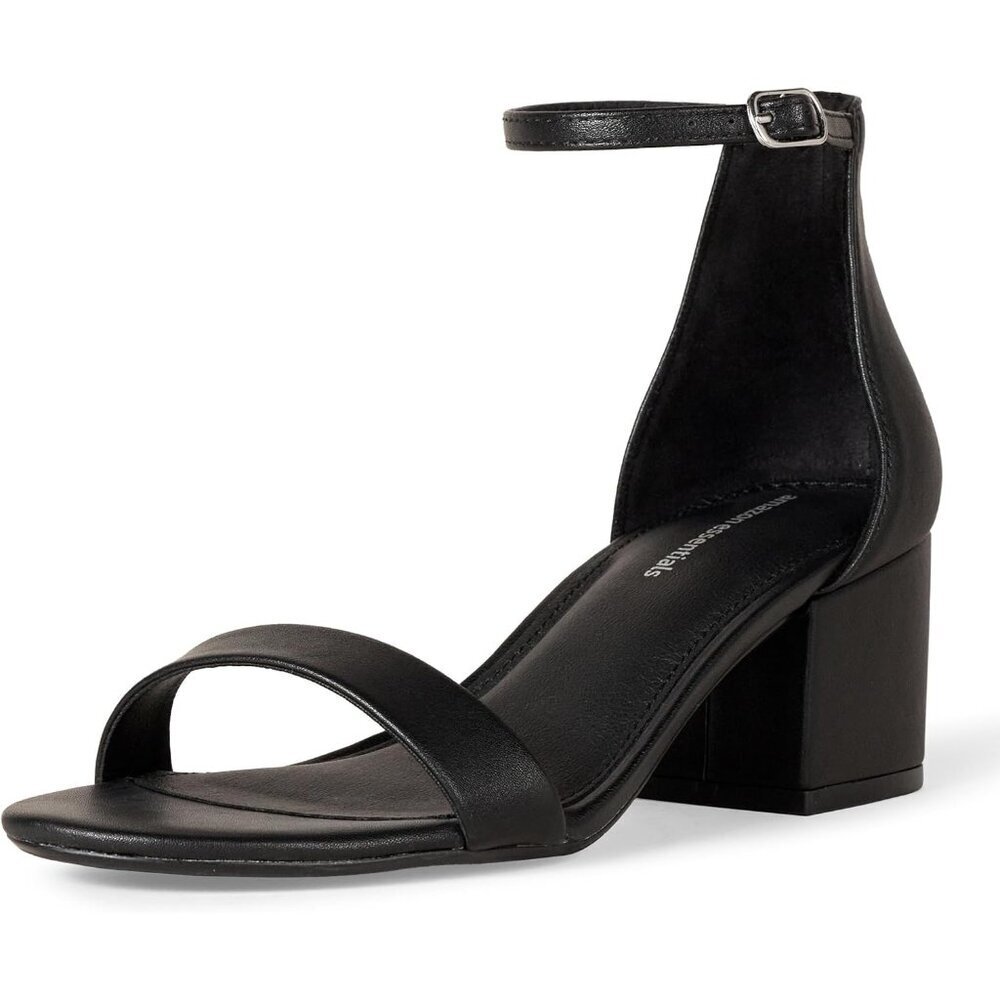 Womens Black Pu Faux Suede Two Strap Open Rounded Toe Chunky Block Heeled Sandal